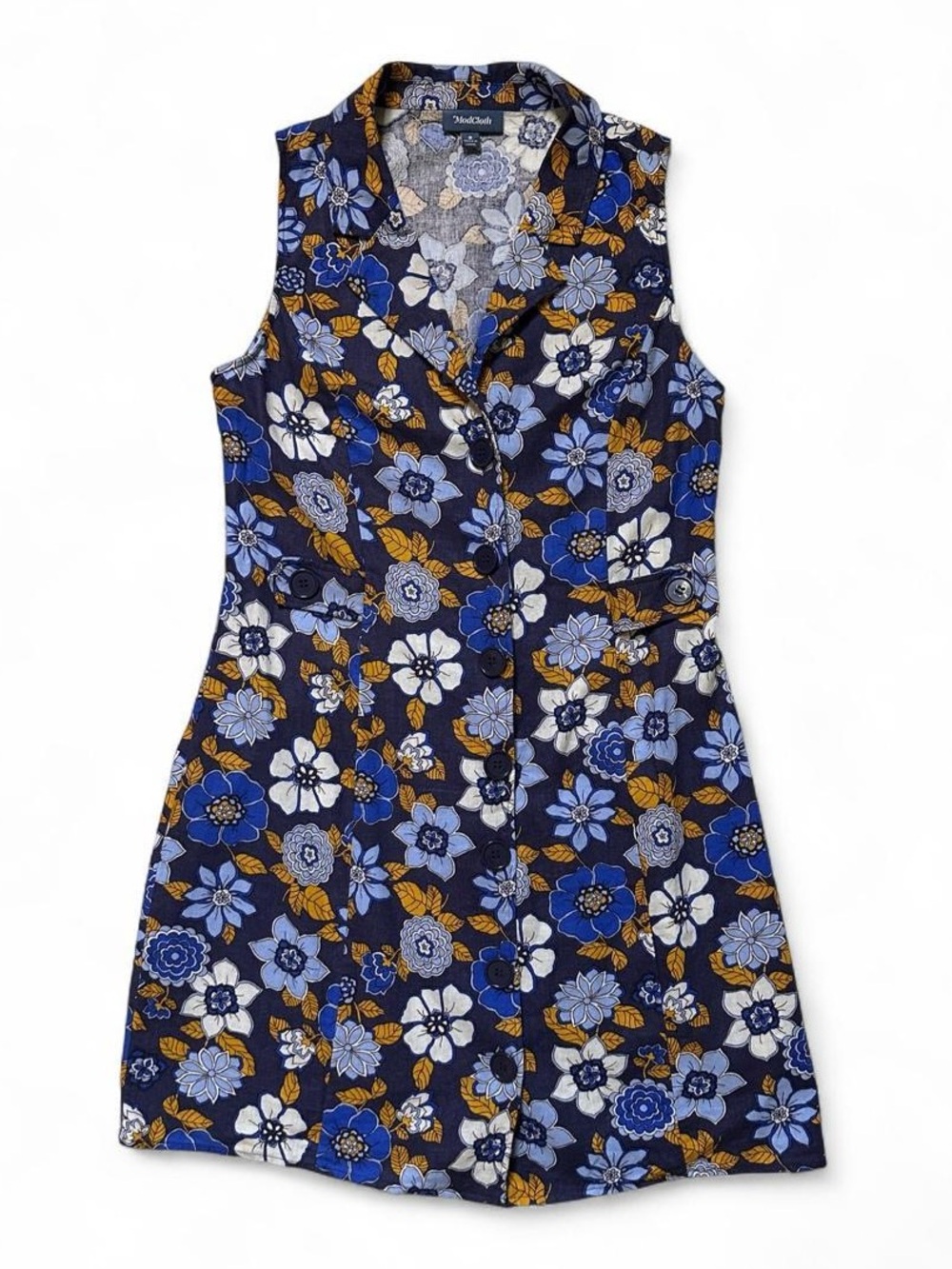 ModCloth 60s Style “Coasting Along” Blue Floral Sleeveless V-Neck Mini Dress